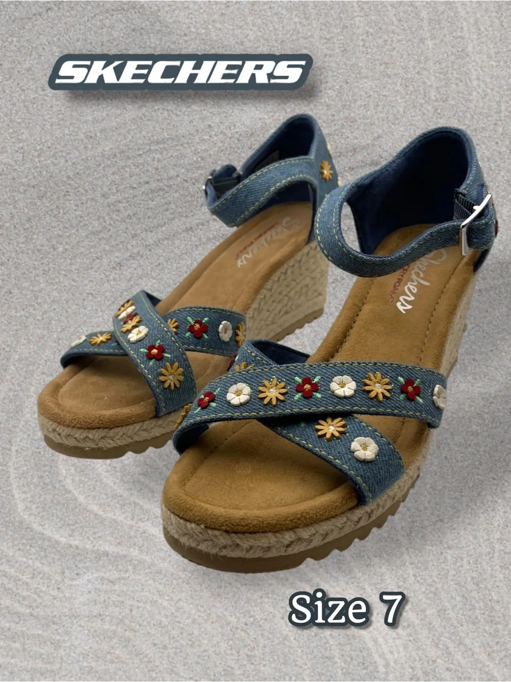 Skechers Cali Monarchs Cali Fever Denim Embroidered Wedge Sandals Size 7